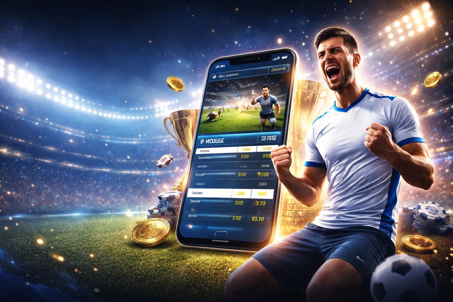 Sân vận động bóng đá với khán giả cuồng nhiệt và logo Thabet Casino nổi bật